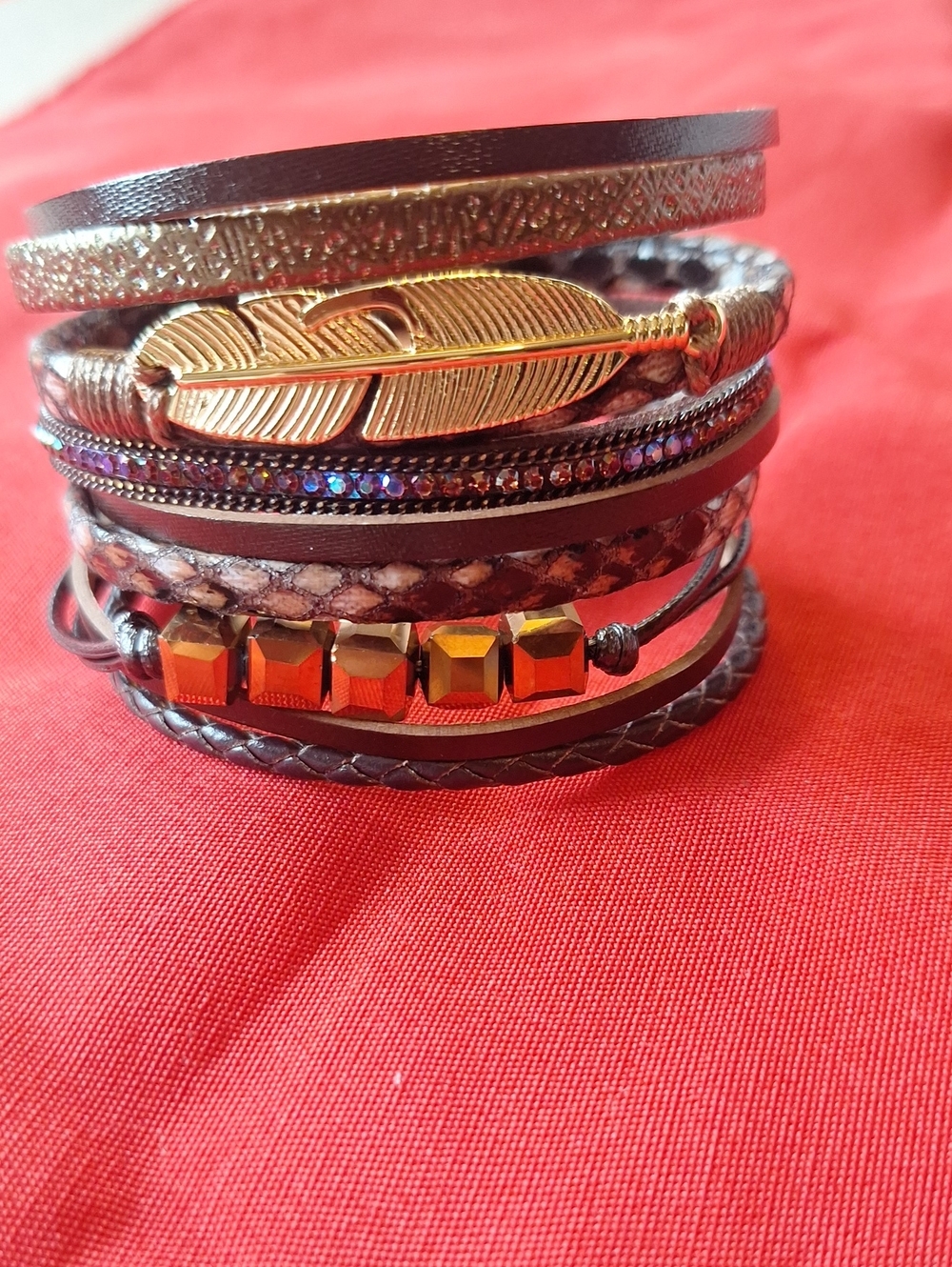 Multi-Layer Brown & Gold Feather Wrap Bracelet - Women's Accessory